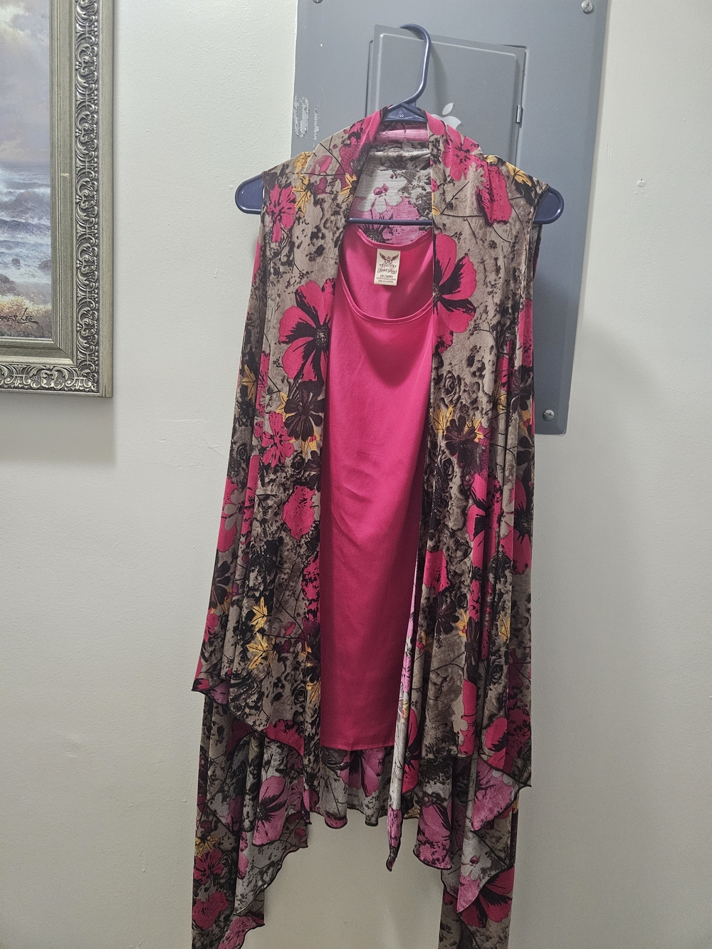 Faded Glory Pink Floral Cascade Vest with Hot Pink Tank